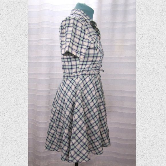 She + Sky Mint Green and Navy Blue Plaid Shirtdress - L - Picture 5 of 7
